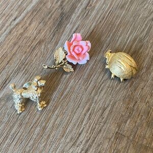 Vintage Gold tone brooch pins. Poodle, beetle pink flower.